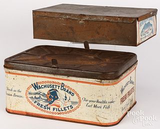 Two fish fillets tin advertising shipping boxes