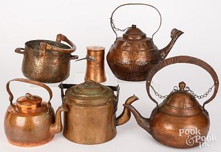 Group of copper tea kettles and pots, 19th c.