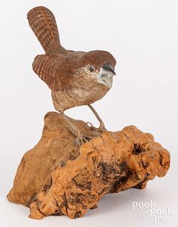 Carved and painted songbird, 20th c.