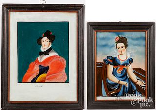 Two reverse painting on glass portraits of women