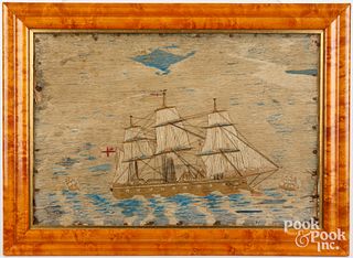 English needlework wooly ship portrait, 19th c.
