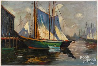 Oil on canvas harbor scene of sailboats