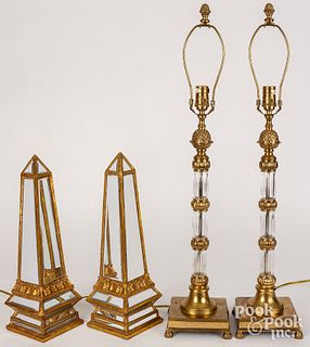 Pair of contemporary gilt and mirrored obelisks
