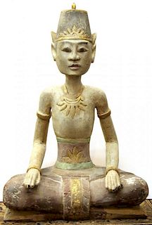 Southeast Asian Polychrome Seated Wood Male Figure