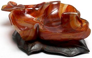 Chinese Carved Agate Leaf-Form Bowl