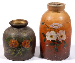 AMERICAN PAINT-DECORATED STONEWARE JARS, LOT OF TWO