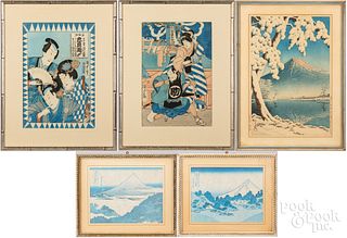 Five Japanese woodblock prints, etc.