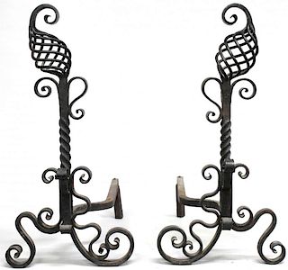 Pair of Vintage Wrought Iron Andirons