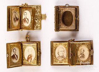 Four miniature brass book lockets