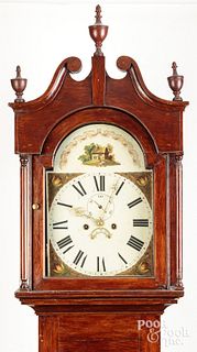 English painted pine tall case clock, 19th c.