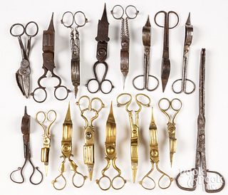 Collection of brass and iron scissor snuffers