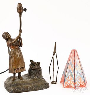 Austrian bronze table lamp with inkwell