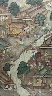 Large Thai Watercolor of a Village Scene