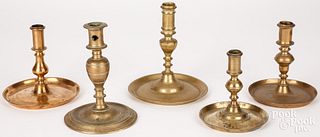 Four tray base brass candlesticks, etc.