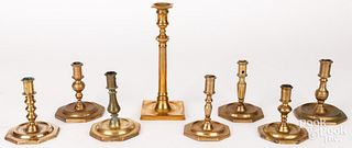 Seven Spanish tray base brass candlesticks, etc.
