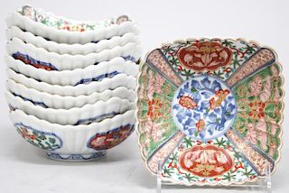 9 Chinese Imari-Style Scalloped Square Bowls