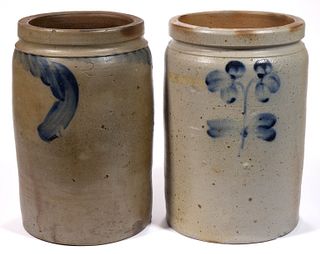 MID-ATLANTIC DECORATED STONEWARE JARS, LOT OF TWO