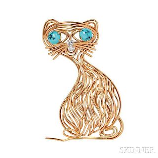 18kt Gold, Turquoise, and Diamond Cat Brooch, Kern