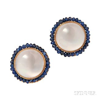14kt Gold, Cat's-eye Moonstone, and Sapphire Earclips