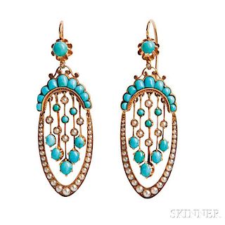Antique 18kt Gold, Turquoise, and Split-pearl Earrings