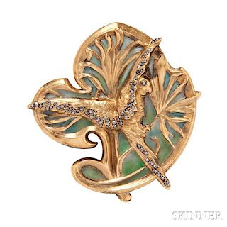 Art Nouveau 18kt Gold and Plique-a-Jour Enamel Brooch