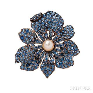 Antique Gold, Sapphire, and Pearl Flower Brooch