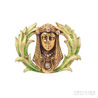 Art Nouveau 14kt Gold, Enamel, and Diamond Watch Pin