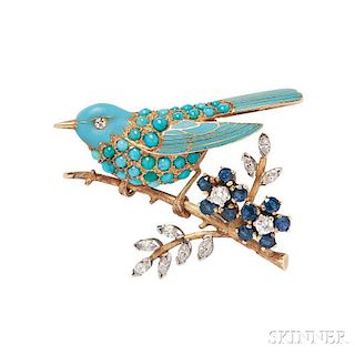 18kt Gold, Turquoise, Diamond, and Sapphire Brooch, Tiffany & Co.