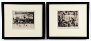 Pair of Auguste Brouet Marketplace Etchings Signed