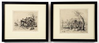 Pair of Auguste Brouet Rustic French Etchings Signed