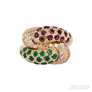 18kt Gold, Diamond, Ruby, and Emerald Ring