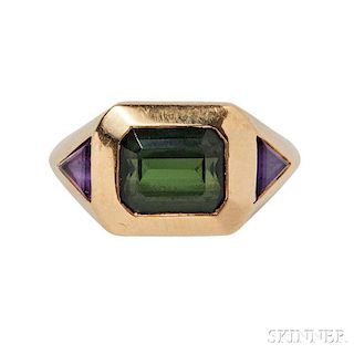 18kt Gold, Green Tourmaline, and Amethyst Ring