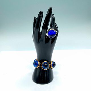 2pc Lalique Blue Cabochon Bracelet and 14K Gold Ring