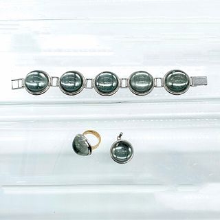 3pc Lalique Smokey Grey Cabochon Bracelet, Pendant, Ring