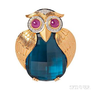 18kt Gold Gem-set Owl Brooch