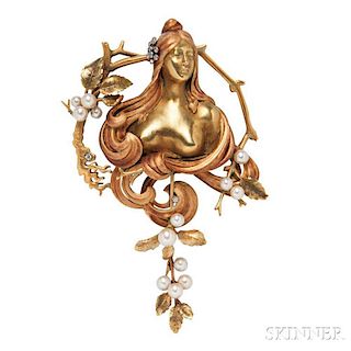 Rare Art Nouveau 18kt Gold and Enamel Pendant/Brooch, Gabriel Falguieres