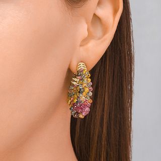 Multi-Colored Sapphire Briolette and Diamond Hoop Earrings