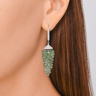 Green Sapphire Briolette and Diamond Grape Drop Earrings