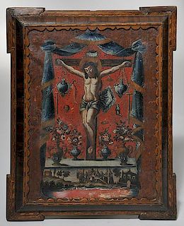 Oil on Canvas Spanish Colonial Crucifixion scene