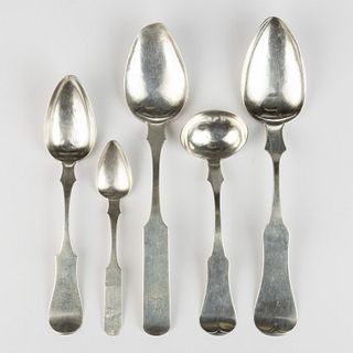 KENTUCKY COIN SILVER SPOONS AND SAUCE LADLE, LOT OF FIVE