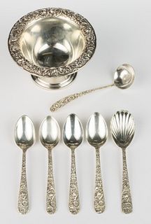S. KIRK & SON "REPOUSSE" STERLING SILVER SPOONS AND ARTICLES, LOT OF SEVEN
