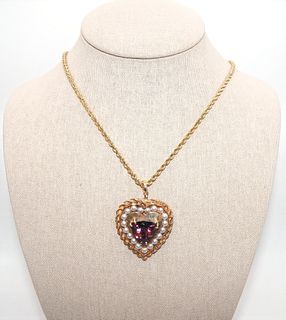 14k Gold Rope Necklace with Tourmaline & Pearl Heart Pendant