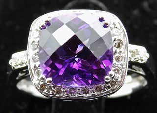 4ct Cushion-cut Amethyst with Diamond Halo set in 14k White Gold