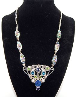 Simply Spectacular! Stately .925 Sterling Silver Collar Piece of Abalone & Gemstones and Matching Earrings 