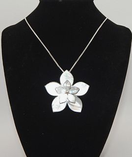.925 Sterling Silver Box Chain & Mother of Pearl Flower Pendant Necklace 