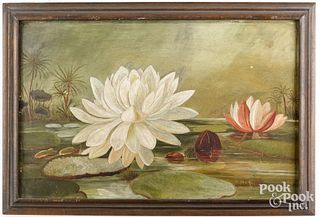 Oil on artist board of lily pads, ca. 1900