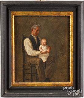 Oil on canvas portrait of a father and child