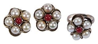 14kt. Pearl and Ruby Ring, and Earring Set