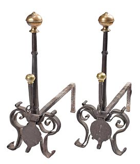 Pair of Wrought Iron and Brass Flemish Andirons