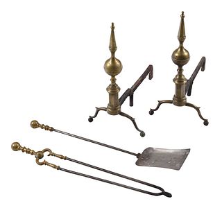 Pair Brass and Iron Steeple Top Andirons with Accessories